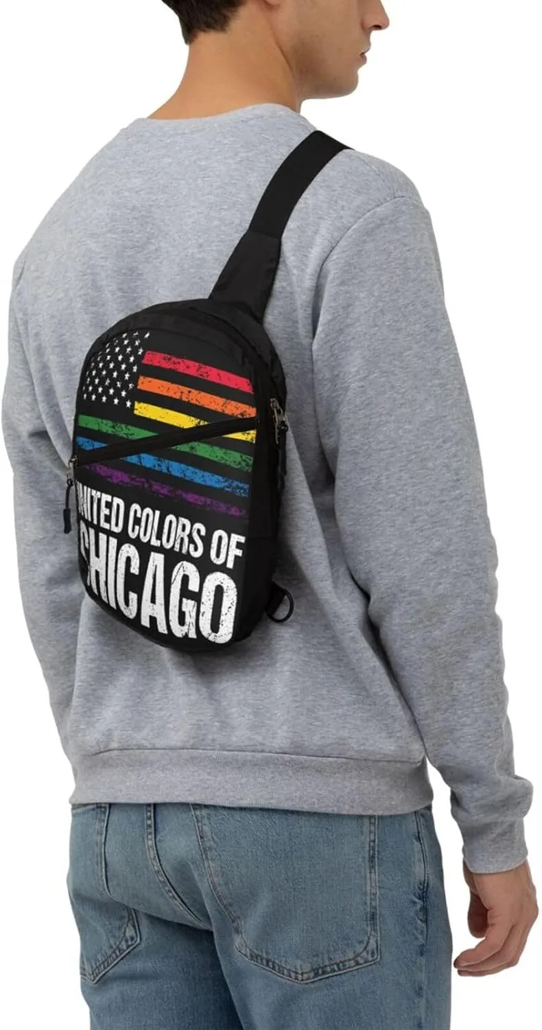 Chicago Gay LGBT Pride Rainbow American Flag Crossbody Bag Portable Sling Bags Foldable Chest Daypack Reusable Sports Shoulder Backpack Diagonally Casual Rucksack Travel Bag