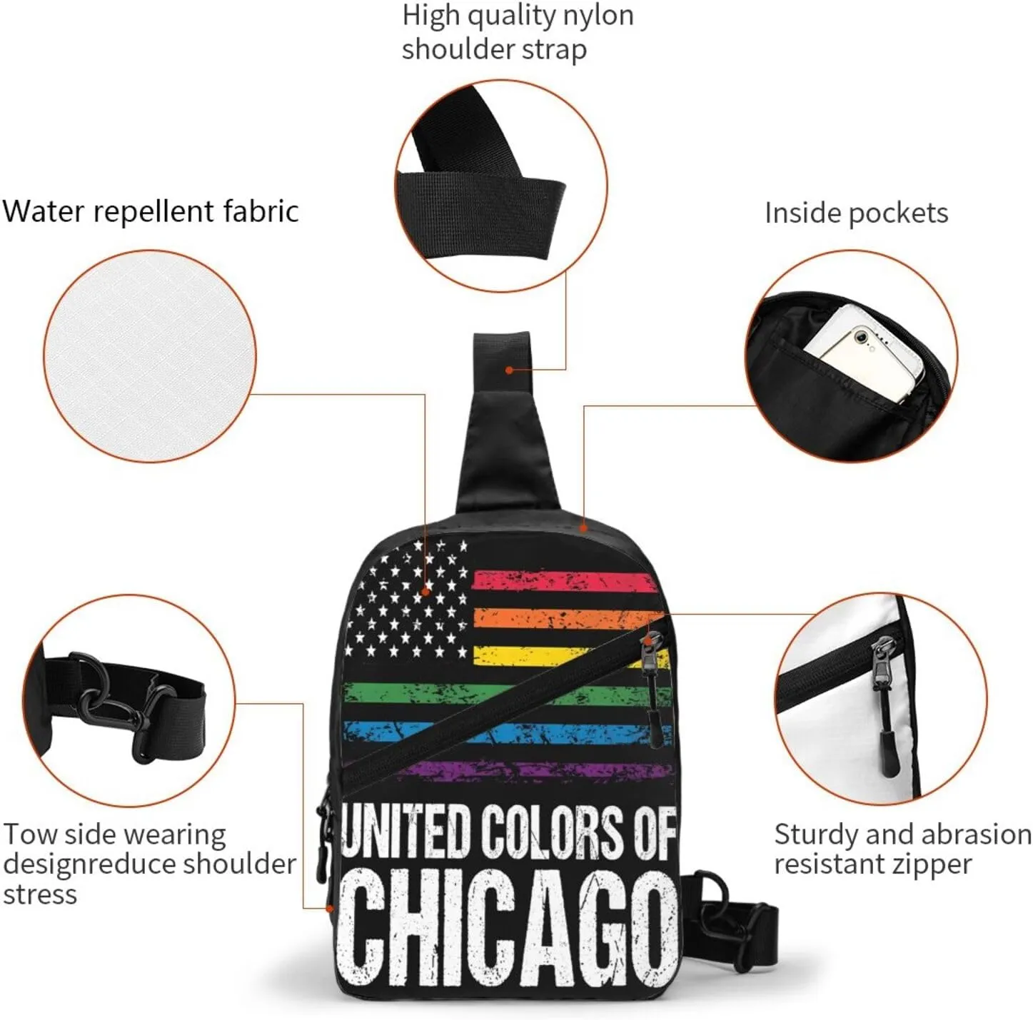 Chicago Gay LGBT Pride Rainbow American Flag Crossbody Bag Portable Sling Bags Foldable Chest Daypack Reusable Sports Shoulder Backpack Diagonally Casual Rucksack Travel Bag