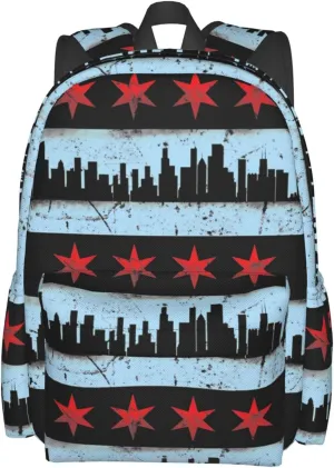 Chicago Skyline Flag Casual Backpack Large Capacity Travel Backpacks Laptop Daypack Commuter Rucksack Adjustable Strap Sports Bags for Hiking Biking