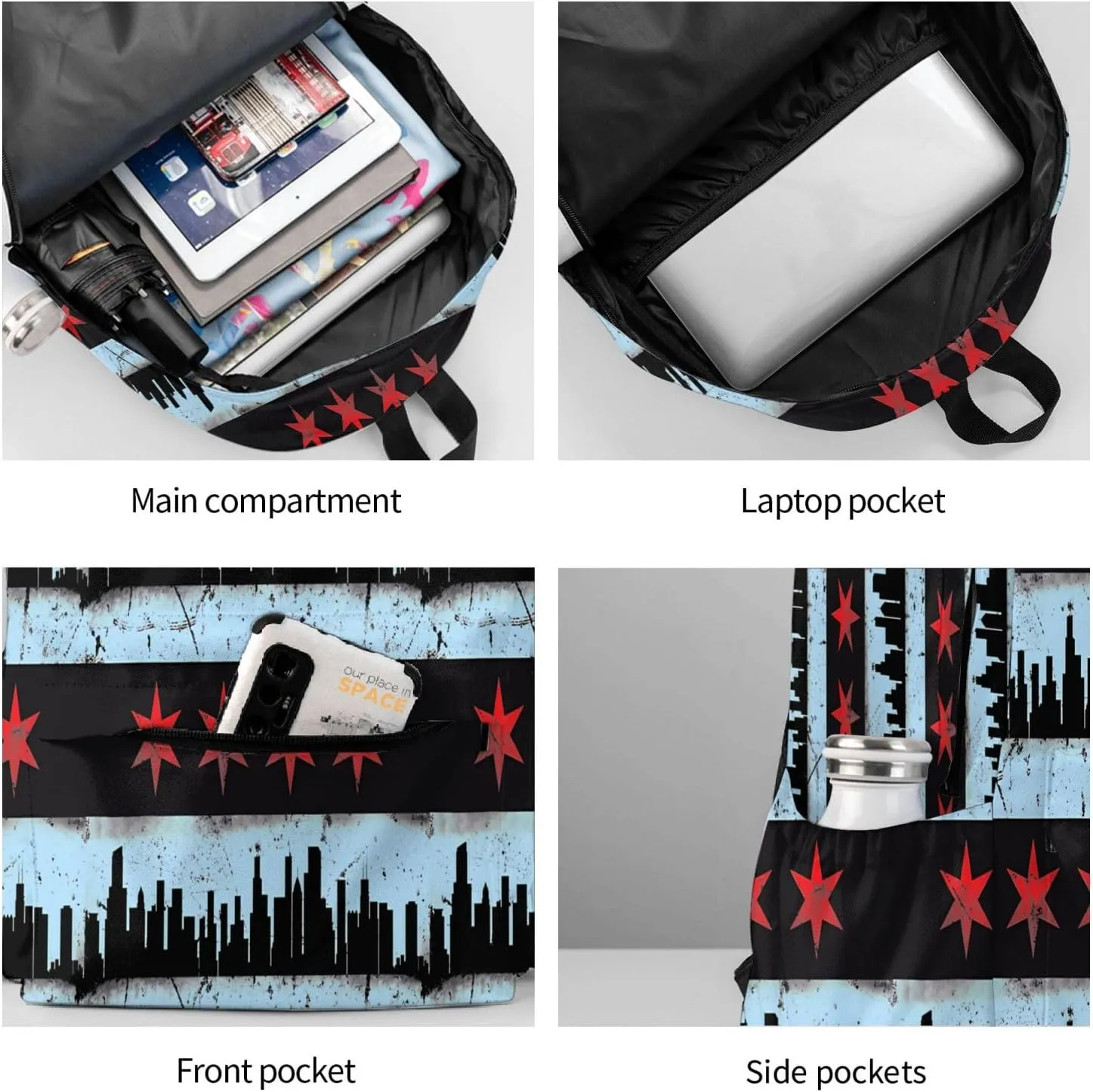 Chicago Skyline Flag Casual Backpack Large Capacity Travel Backpacks Laptop Daypack Commuter Rucksack Adjustable Strap Sports Bags for Hiking Biking