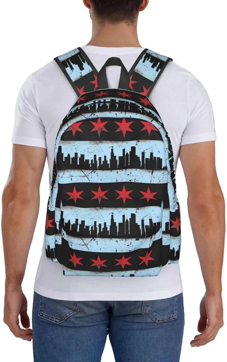 Chicago Skyline Flag Casual Backpack Large Capacity Travel Backpacks Laptop Daypack Commuter Rucksack Adjustable Strap Sports Bags for Hiking Biking