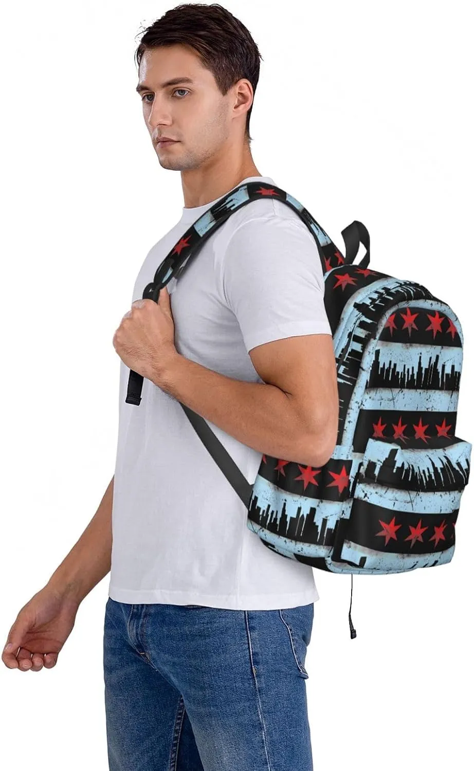 Chicago Skyline Flag Casual Backpack Large Capacity Travel Backpacks Laptop Daypack Commuter Rucksack Adjustable Strap Sports Bags for Hiking Biking
