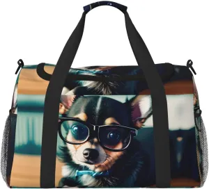 Chihuahua Dog Glasses Print Everyday Use Travel Duffle Bag Large Capacity Travel Bag Stylish Functional Bag