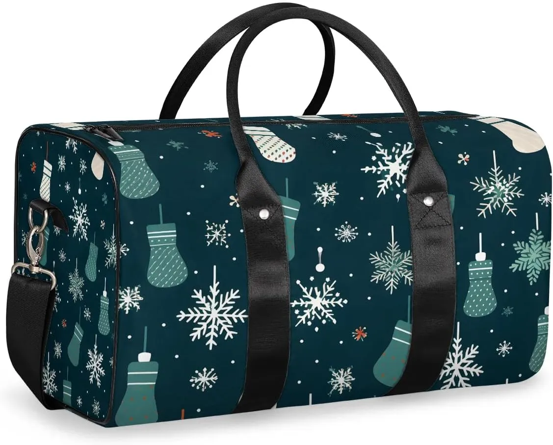 Christmas Stockings Snowflake Pattern Travel Duffel Bag for Women Men Waterproof Foldable Overnight Weekender Bag Large Capacity Sports Gym Bag