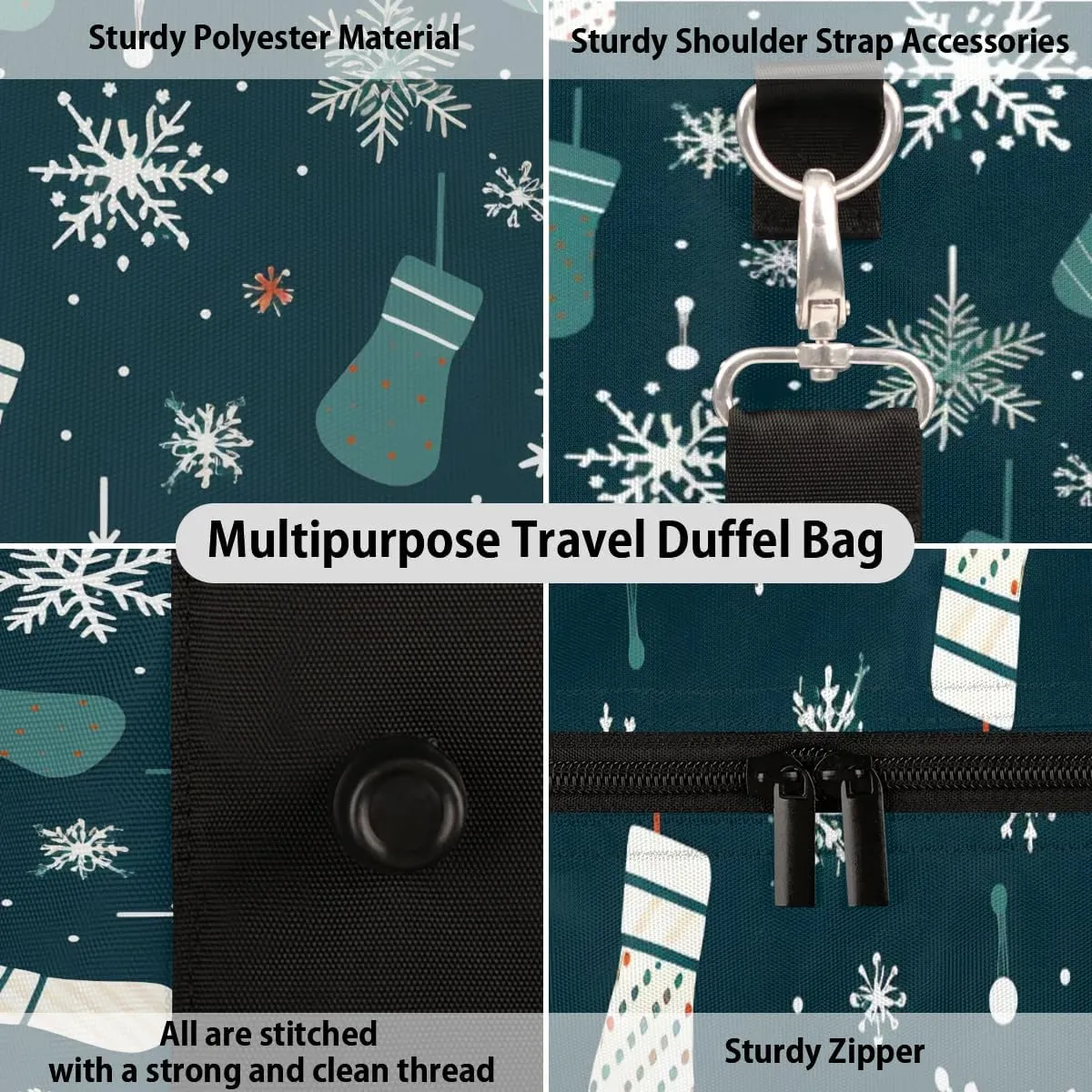 Christmas Stockings Snowflake Pattern Travel Duffel Bag for Women Men Waterproof Foldable Overnight Weekender Bag Large Capacity Sports Gym Bag