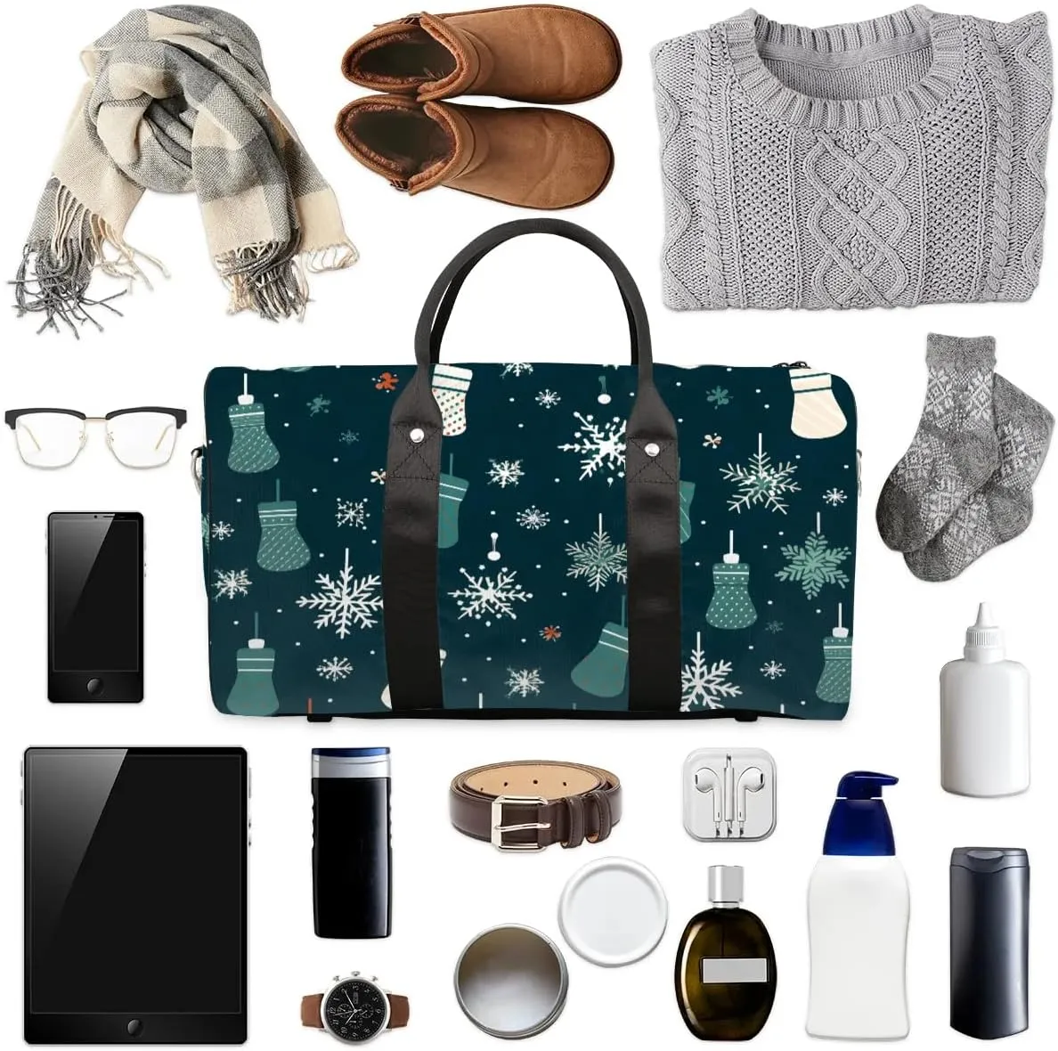 Christmas Stockings Snowflake Pattern Travel Duffel Bag for Women Men Waterproof Foldable Overnight Weekender Bag Large Capacity Sports Gym Bag