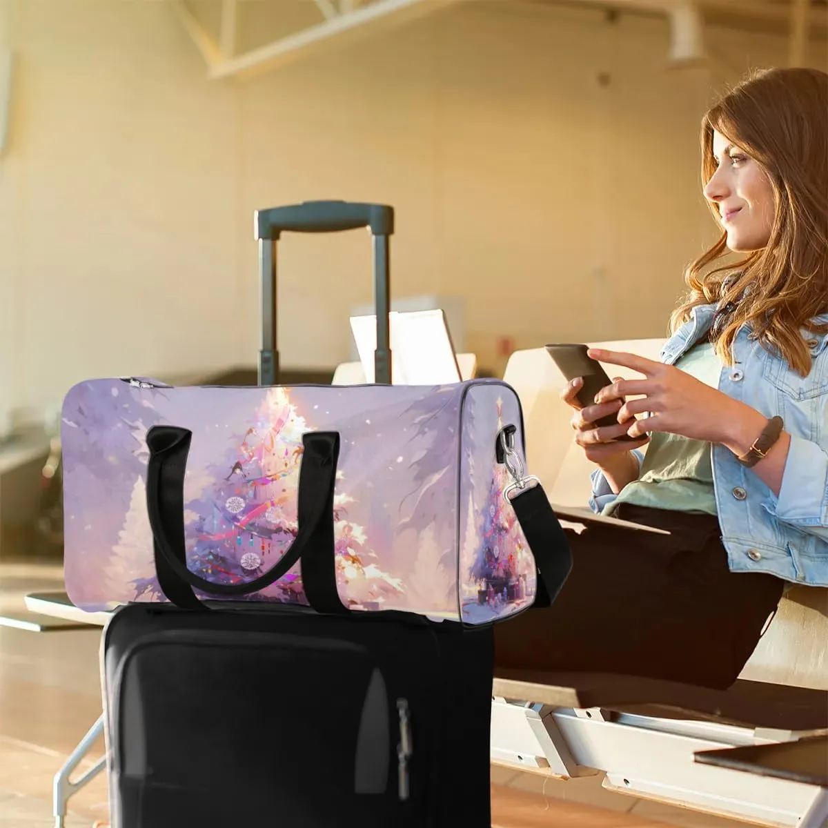 Christmas Tree Pattern Travel Duffel Bag for Women Men Waterproof Foldable Overnight Weekender Bag Large Capacity Sports Gym Bag