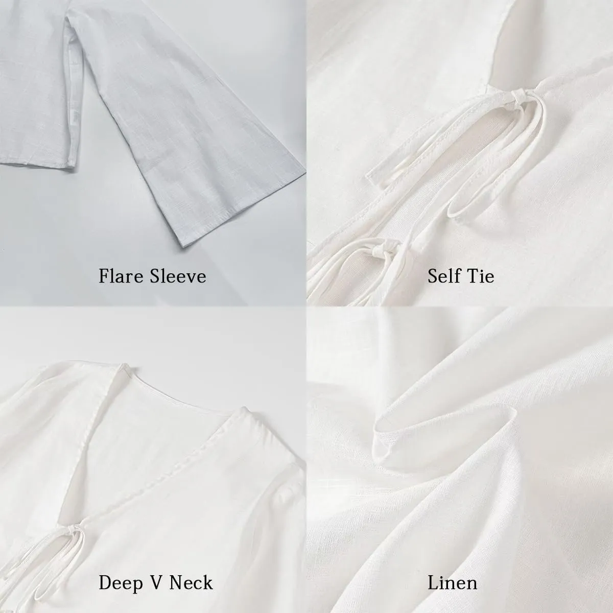 Chvity Tie Front Tops for Women Y2K Linen Shirts Flare Sleeve V Neck Going Out Coquette Clothes Casual Lace Up Bow Blouses