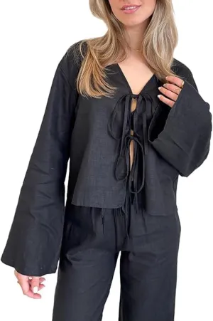 Chvity Tie Front Tops for Women Y2K Linen Shirts Flare Sleeve V Neck Going Out Coquette Clothes Casual Lace Up Bow Blouses