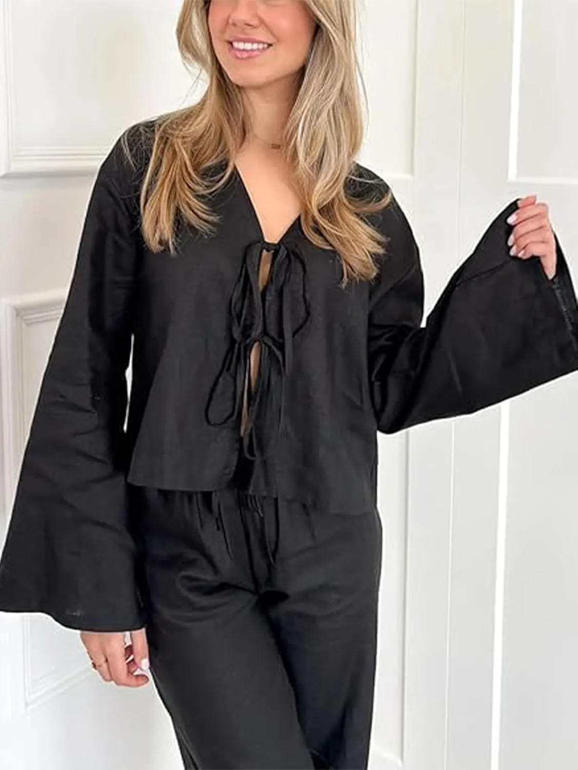 Chvity Tie Front Tops for Women Y2K Linen Shirts Flare Sleeve V Neck Going Out Coquette Clothes Casual Lace Up Bow Blouses