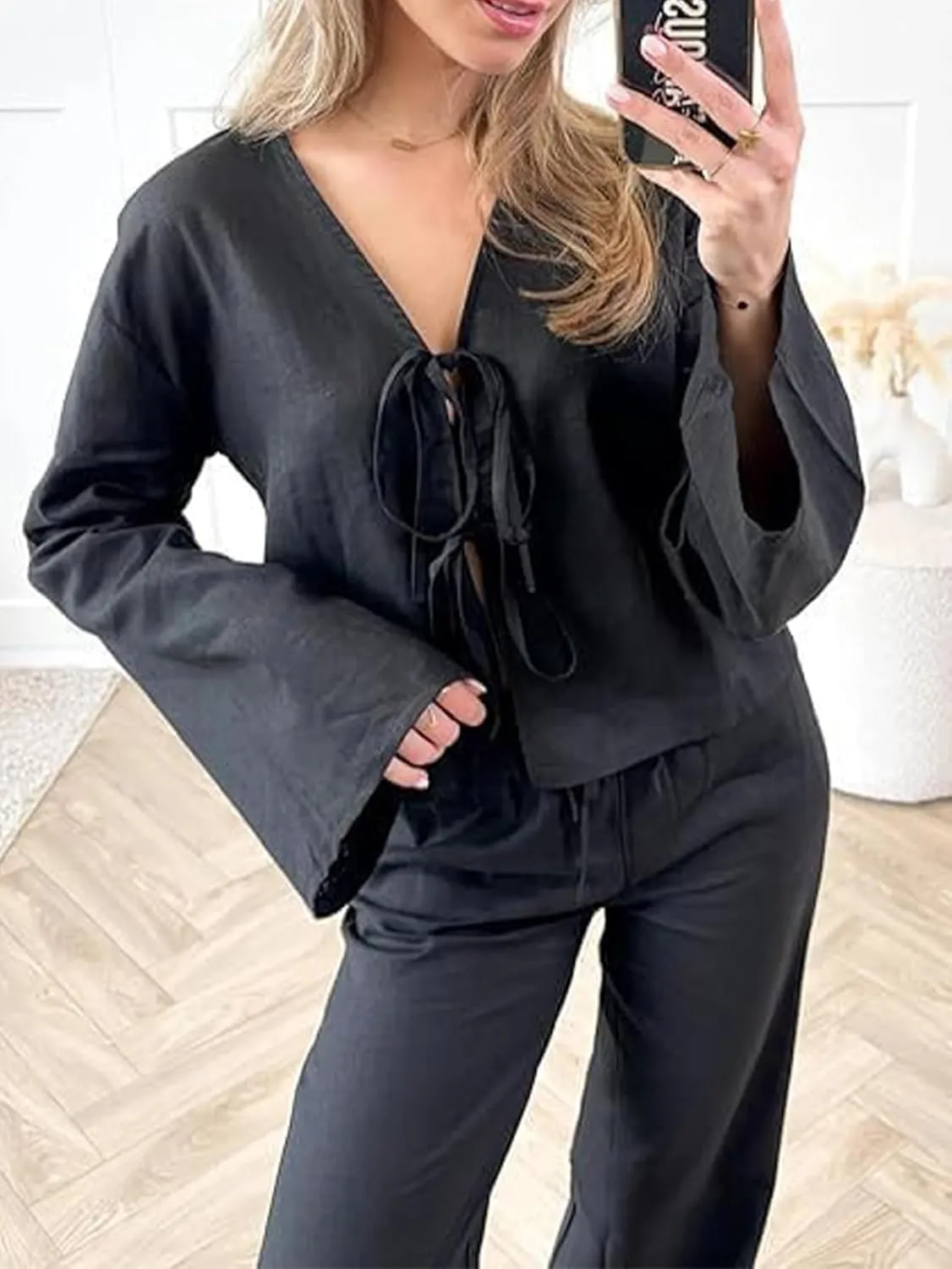 Chvity Tie Front Tops for Women Y2K Linen Shirts Flare Sleeve V Neck Going Out Coquette Clothes Casual Lace Up Bow Blouses