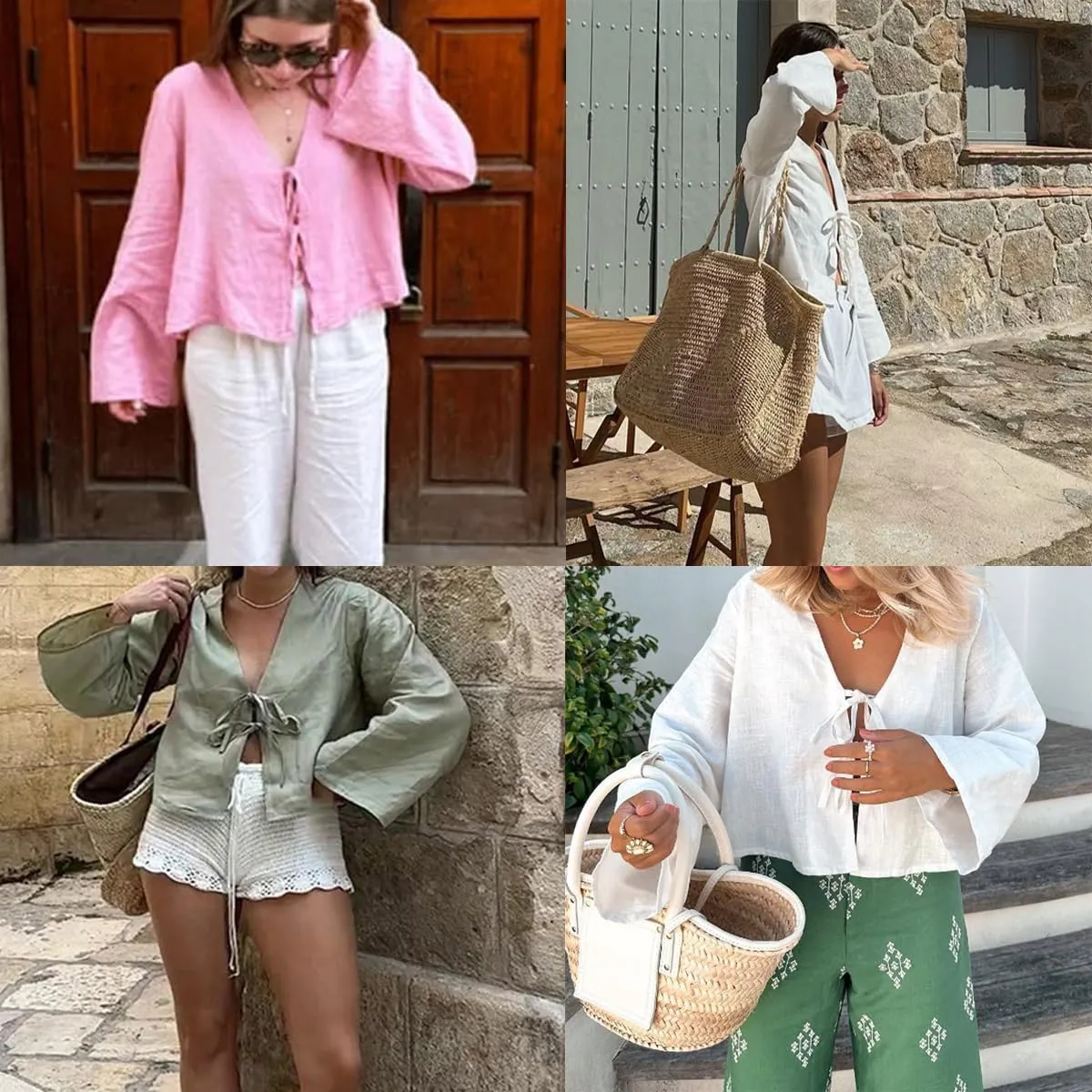 Chvity Tie Front Tops for Women Y2K Linen Shirts Flare Sleeve V Neck Going Out Coquette Clothes Casual Lace Up Bow Blouses