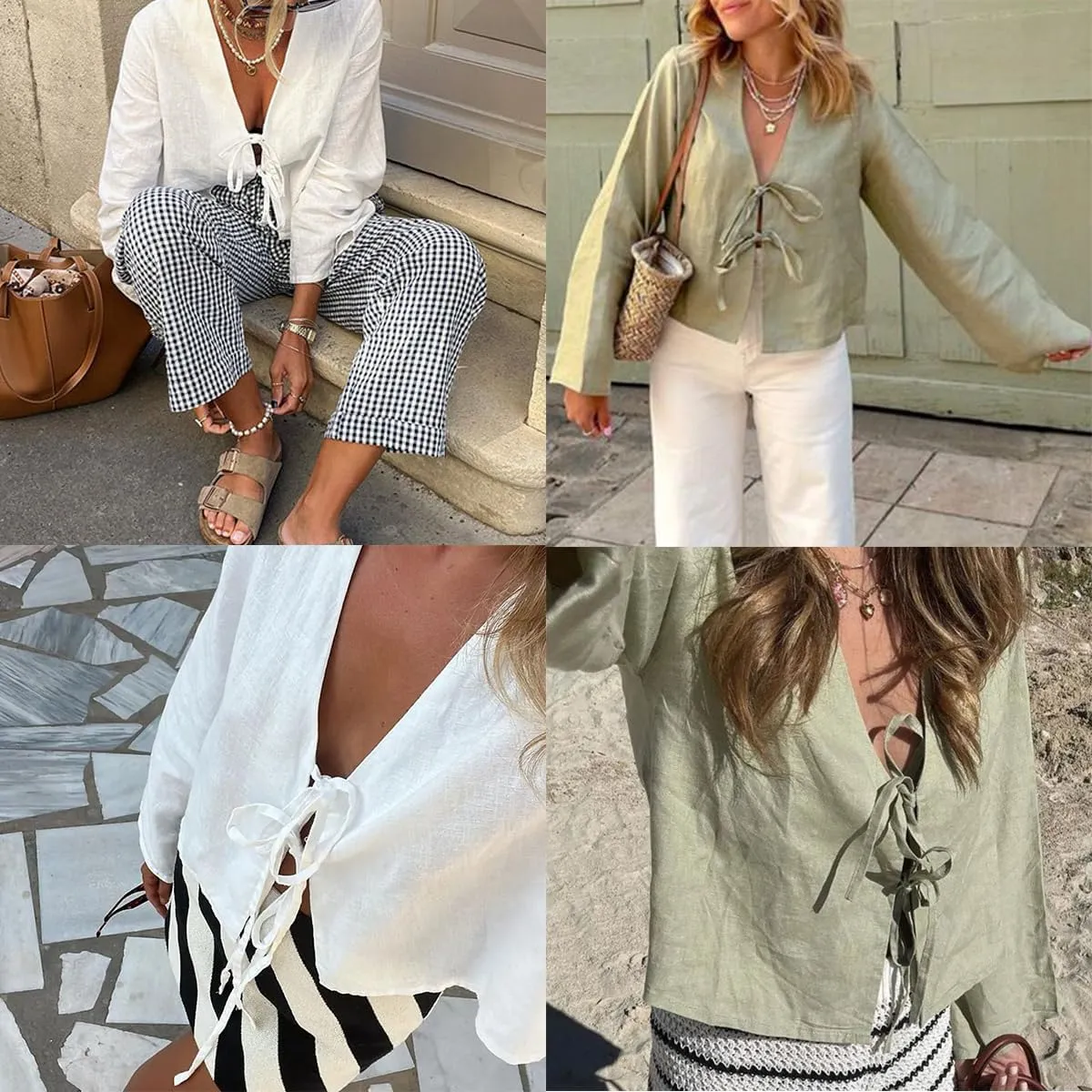 Chvity Tie Front Tops for Women Y2K Linen Shirts Flare Sleeve V Neck Going Out Coquette Clothes Casual Lace Up Bow Blouses