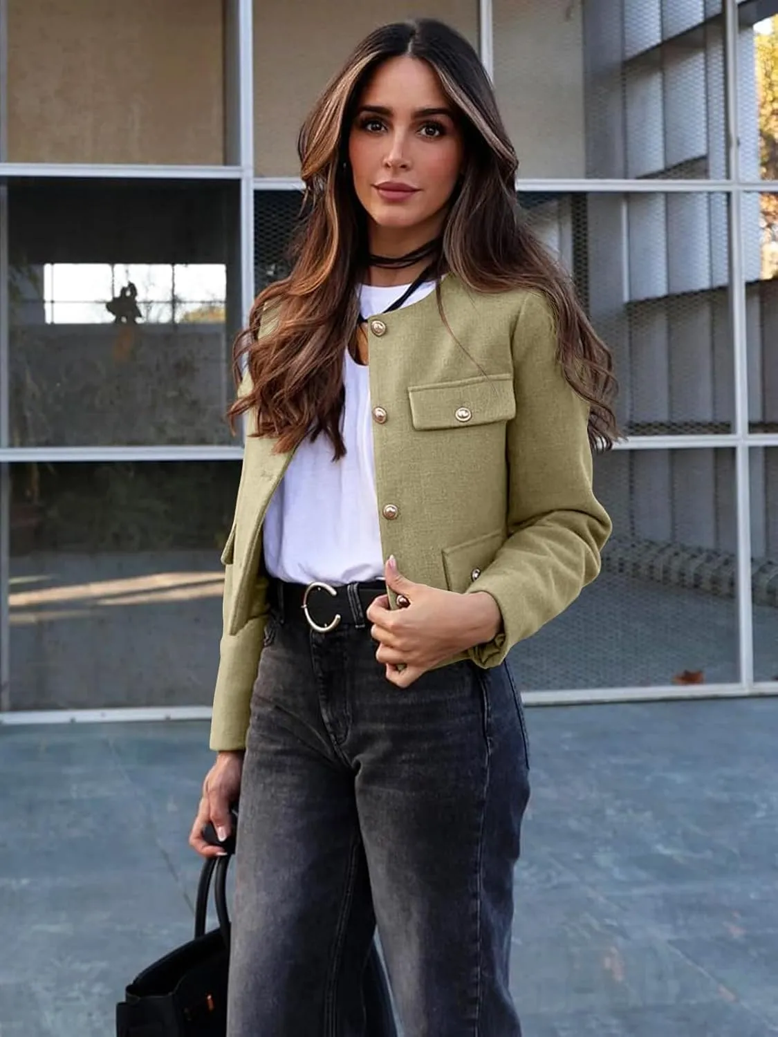 Cicy Bell Womens Cropped Tweed Blazer Jackets Collarless Button Down Business Casual Outfits with Pockets