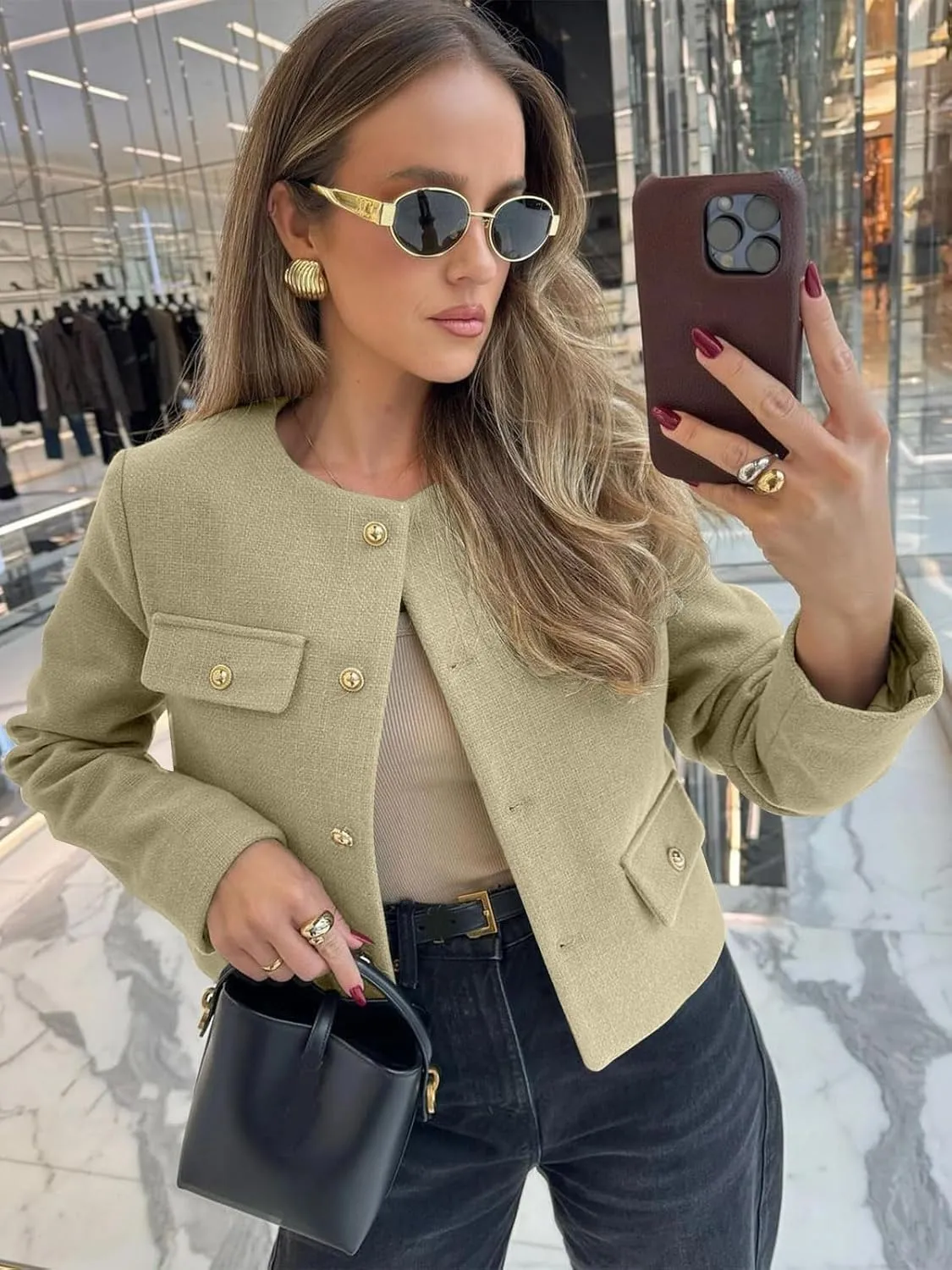 Cicy Bell Womens Cropped Tweed Blazer Jackets Collarless Button Down Business Casual Outfits with Pockets