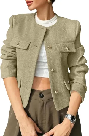 Cicy Bell Womens Cropped Tweed Blazer Jackets Collarless Button Down Business Casual Outfits with Pockets