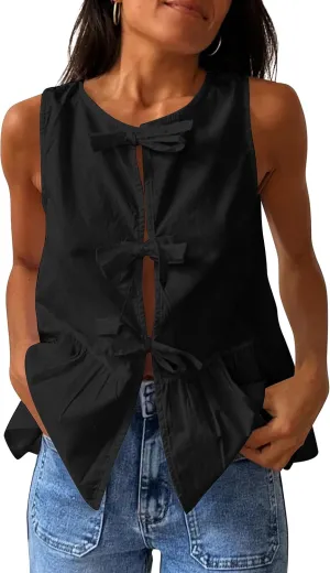 Cioatin Women Sleeveless Bow Tie Front Peplum Tank Tops Loose Fit Cut Out Cotton Babydoll Blouse Shirt Going Out Summer