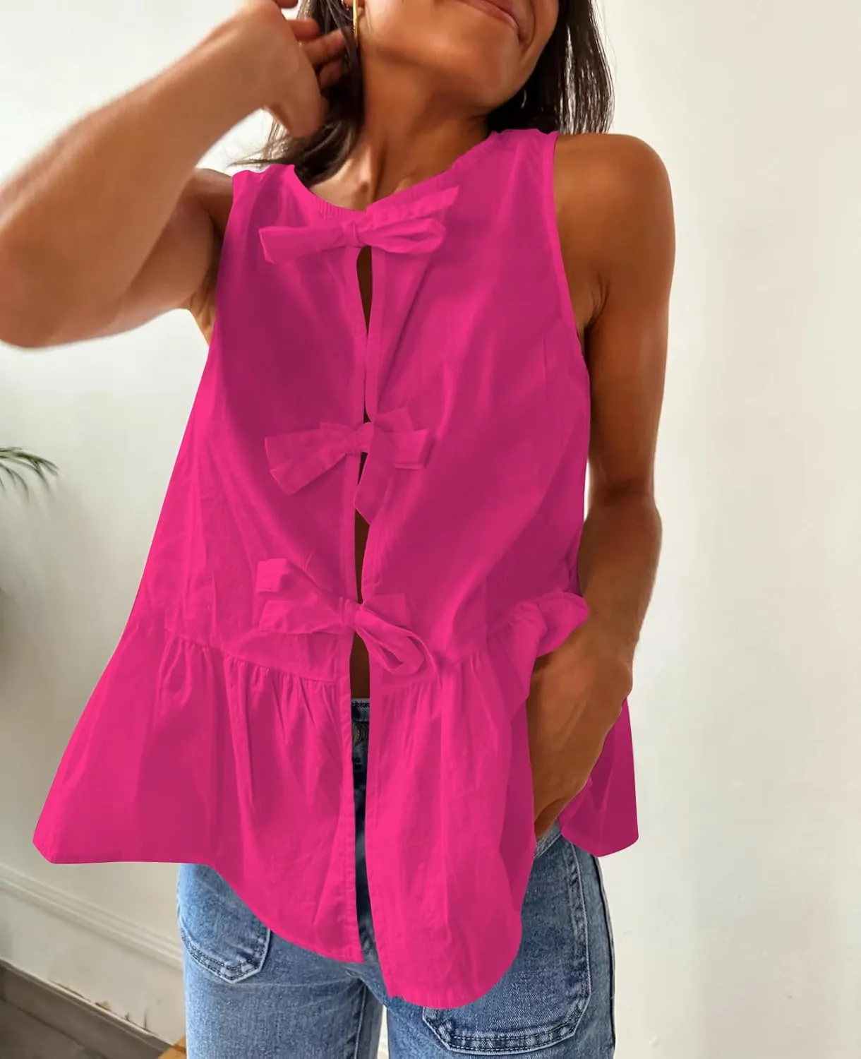 Cioatin Women Sleeveless Bow Tie Front Peplum Tank Tops Loose Fit Cut Out Cotton Babydoll Blouse Shirt Going Out Summer