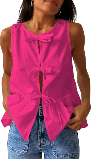 Cioatin Women Sleeveless Bow Tie Front Peplum Tank Tops Loose Fit Cut Out Cotton Babydoll Blouse Shirt Going Out Summer