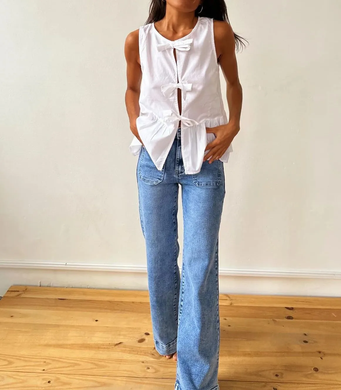 Cioatin Women Sleeveless Bow Tie Front Peplum Tank Tops Loose Fit Cut Out Cotton Babydoll Blouse Shirt Going Out Summer