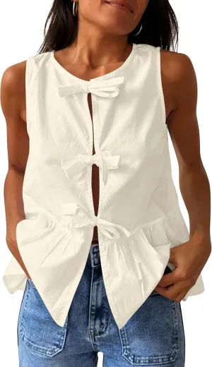 Cioatin Women Sleeveless Bow Tie Front Peplum Tank Tops Loose Fit Cut Out Cotton Babydoll Blouse Shirt Going Out Summer