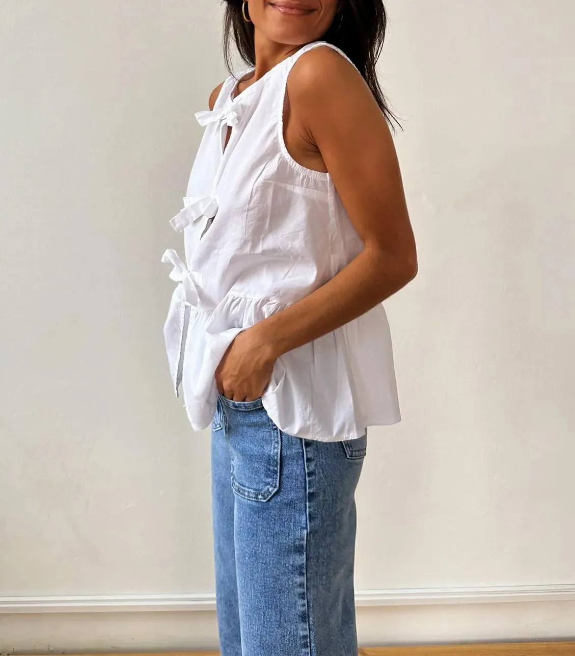 Cioatin Women Sleeveless Bow Tie Front Peplum Tank Tops Loose Fit Cut Out Cotton Babydoll Blouse Shirt Going Out Summer