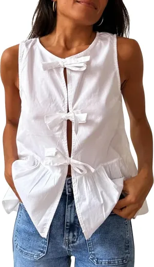 Cioatin Women Sleeveless Bow Tie Front Peplum Tank Tops Loose Fit Cut Out Cotton Babydoll Blouse Shirt Going Out Summer