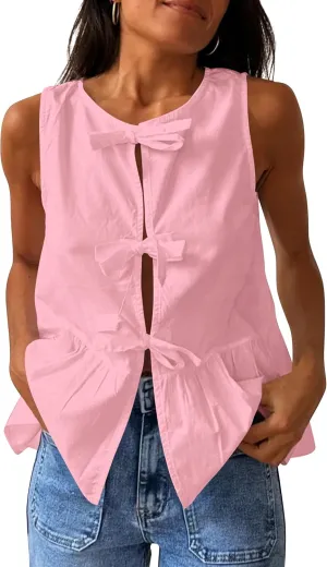 Cioatin Women Sleeveless Bow Tie Front Peplum Tank Tops Loose Fit Cut Out Cotton Babydoll Blouse Shirt Going Out Summer