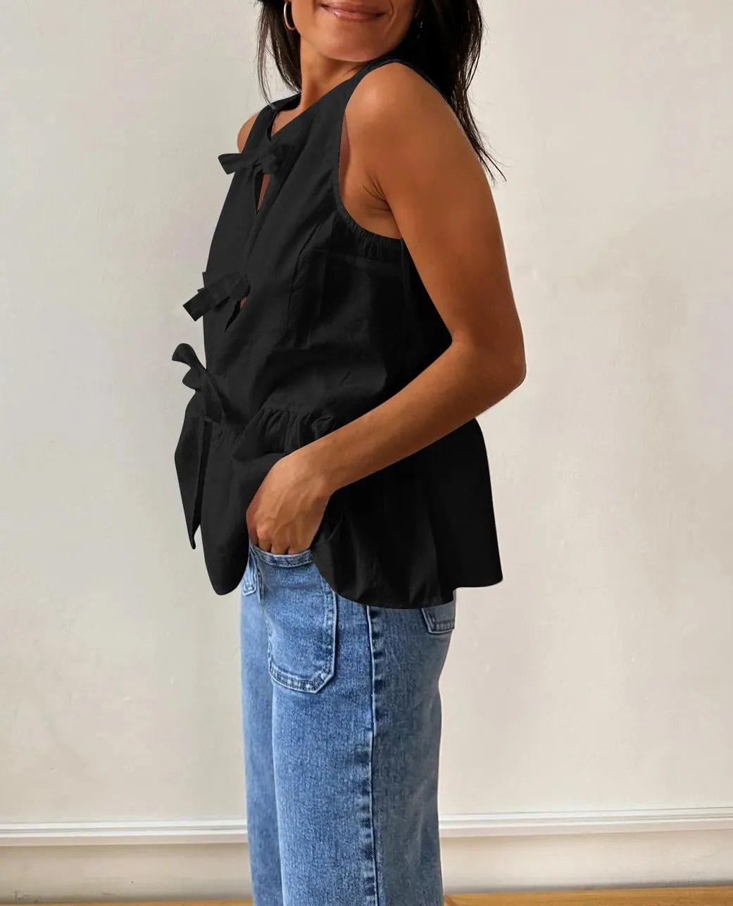 Cioatin Women Sleeveless Bow Tie Front Peplum Tank Tops Loose Fit Cut Out Cotton Babydoll Blouse Shirt Going Out Summer