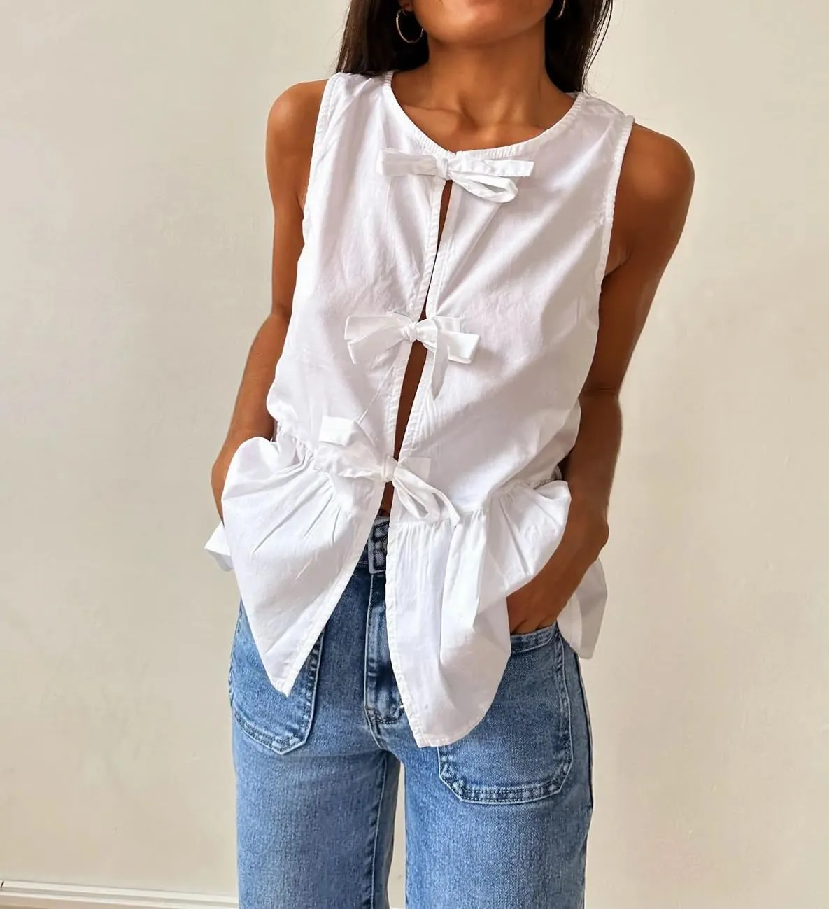 Cioatin Women Sleeveless Bow Tie Front Peplum Tank Tops Loose Fit Cut Out Cotton Babydoll Blouse Shirt Going Out Summer