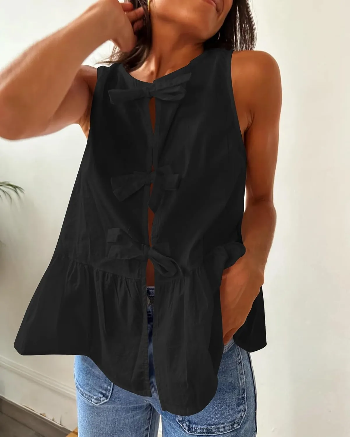 Cioatin Women Sleeveless Bow Tie Front Peplum Tank Tops Loose Fit Cut Out Cotton Babydoll Blouse Shirt Going Out Summer