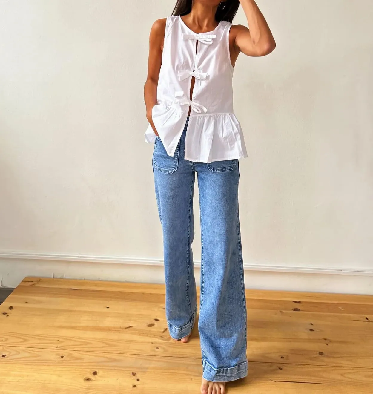 Cioatin Women Sleeveless Bow Tie Front Peplum Tank Tops Loose Fit Cut Out Cotton Babydoll Blouse Shirt Going Out Summer