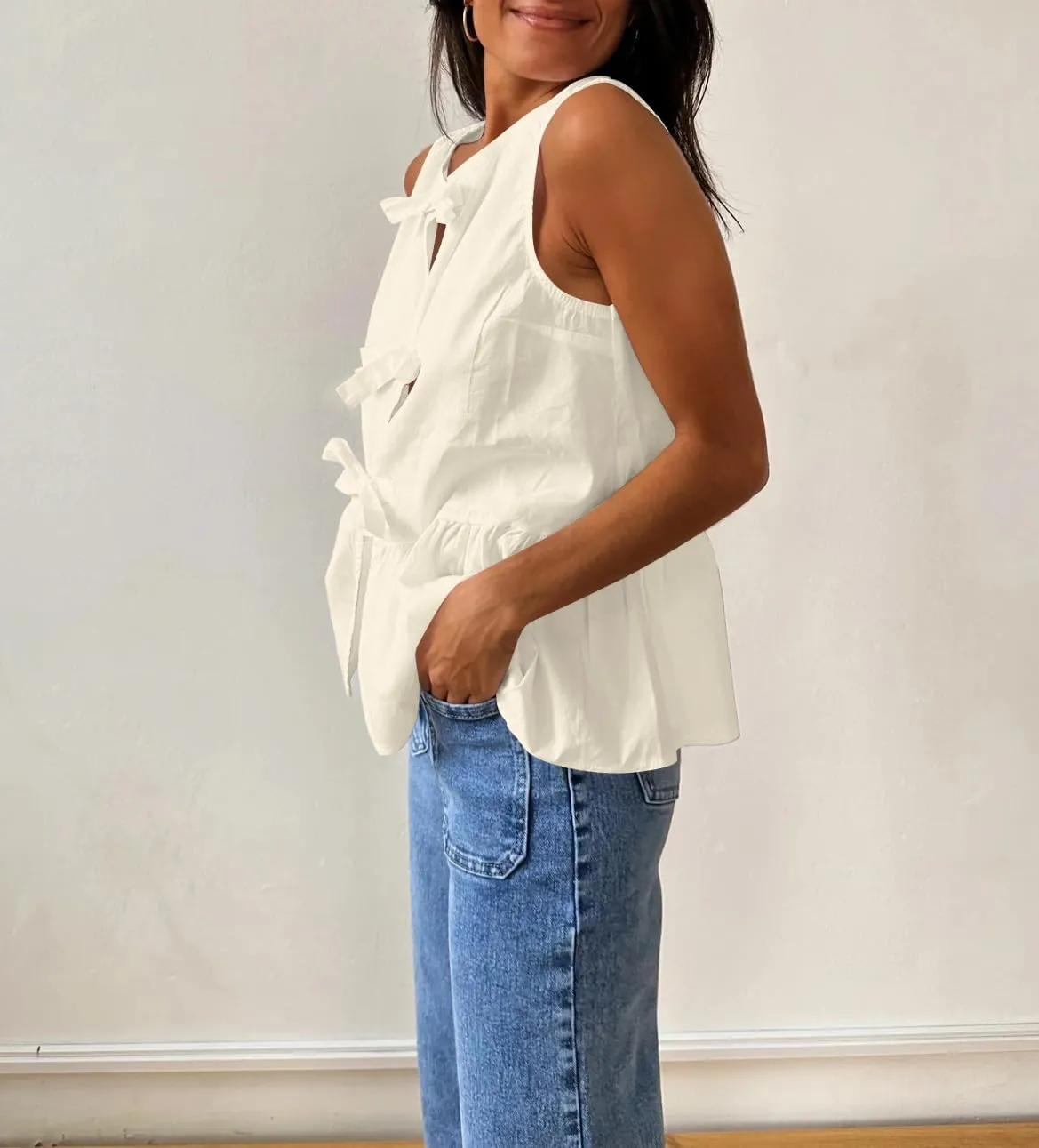 Cioatin Women Sleeveless Bow Tie Front Peplum Tank Tops Loose Fit Cut Out Cotton Babydoll Blouse Shirt Going Out Summer