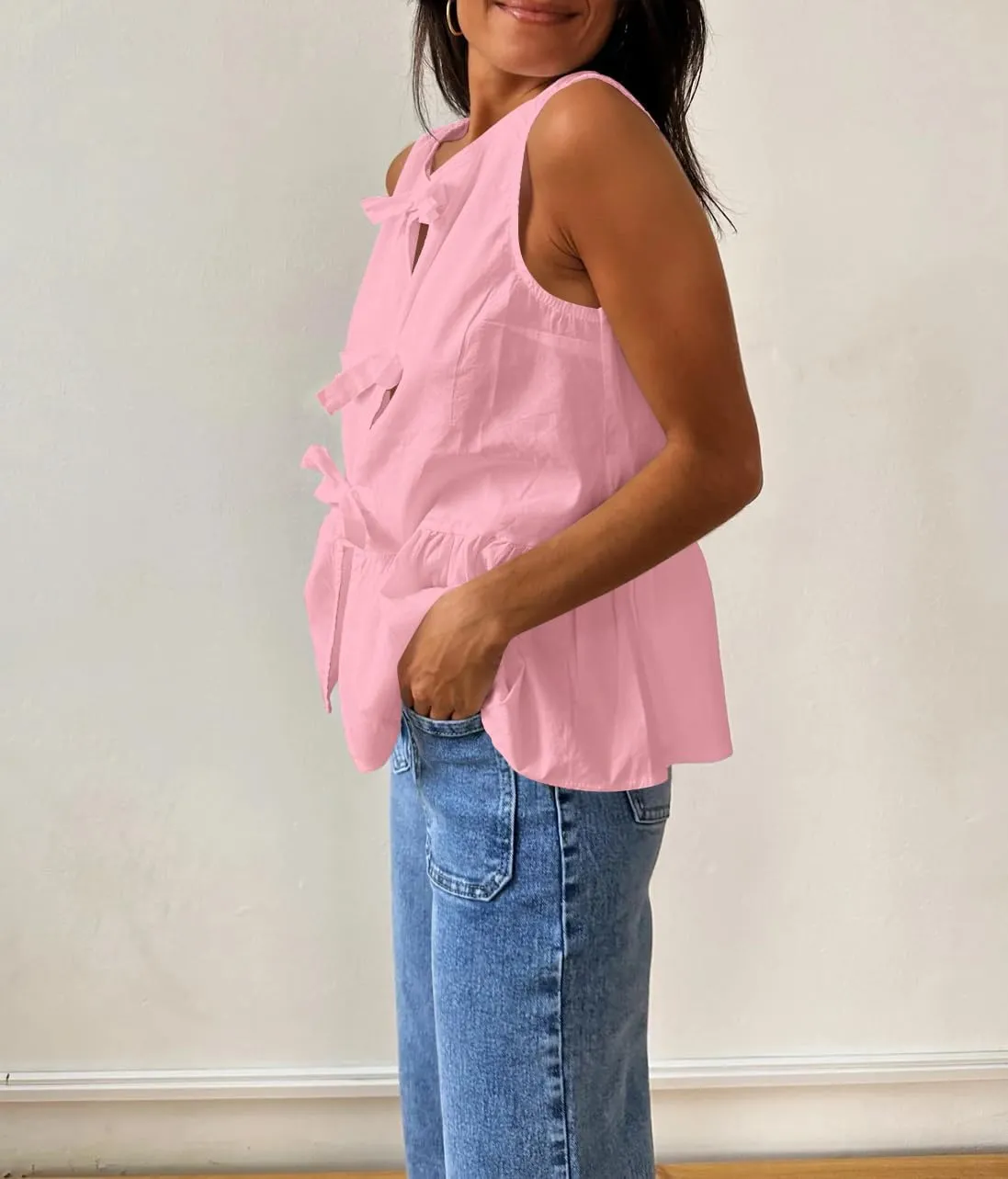 Cioatin Women Sleeveless Bow Tie Front Peplum Tank Tops Loose Fit Cut Out Cotton Babydoll Blouse Shirt Going Out Summer