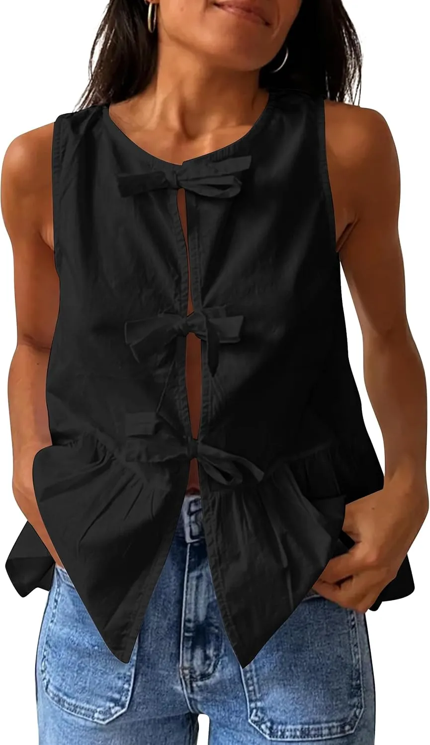 Cioatin Women Sleeveless Bow Tie Front Peplum Tank Tops Loose Fit Cut Out Cotton Babydoll Blouse Shirt Going Out Summer
