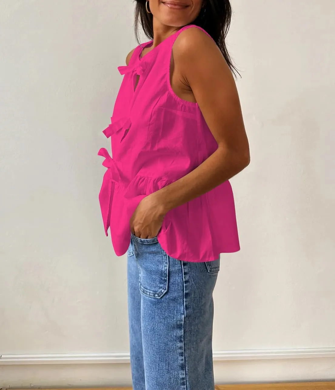 Cioatin Women Sleeveless Bow Tie Front Peplum Tank Tops Loose Fit Cut Out Cotton Babydoll Blouse Shirt Going Out Summer