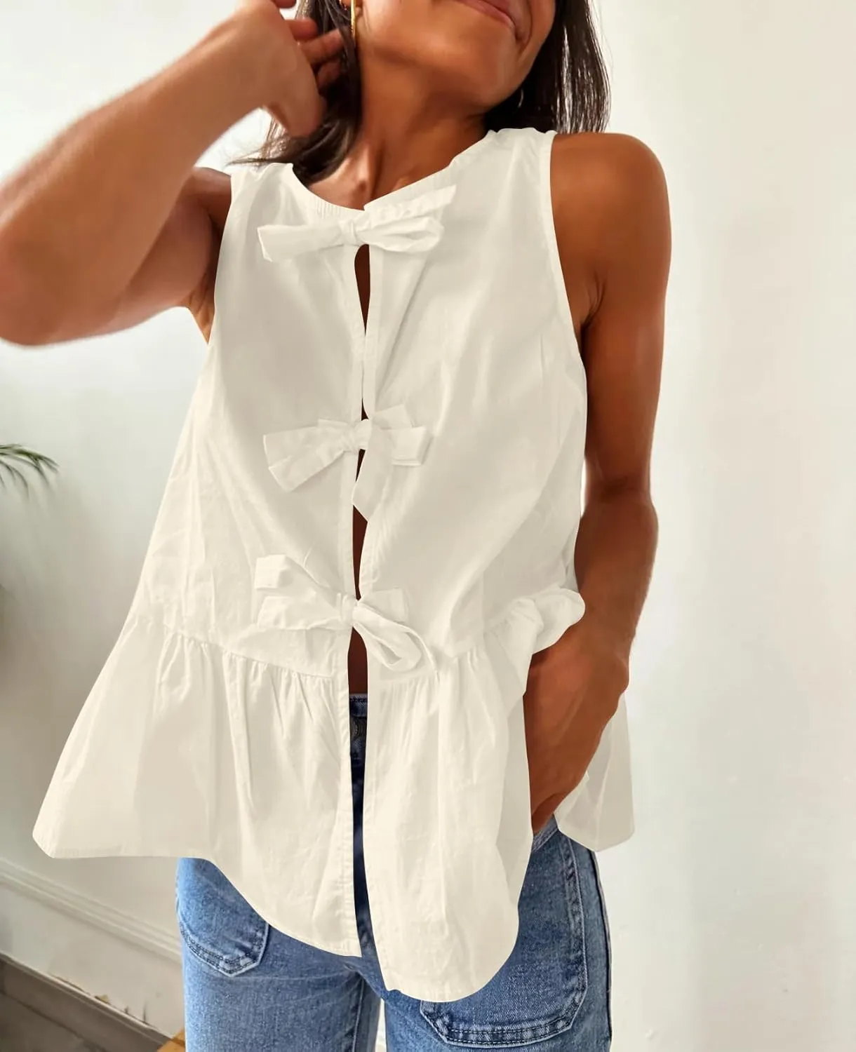 Cioatin Women Sleeveless Bow Tie Front Peplum Tank Tops Loose Fit Cut Out Cotton Babydoll Blouse Shirt Going Out Summer