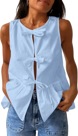 Cioatin Women Sleeveless Bow Tie Front Peplum Tank Tops Loose Fit Cut Out Cotton Babydoll Blouse Shirt Going Out Summer