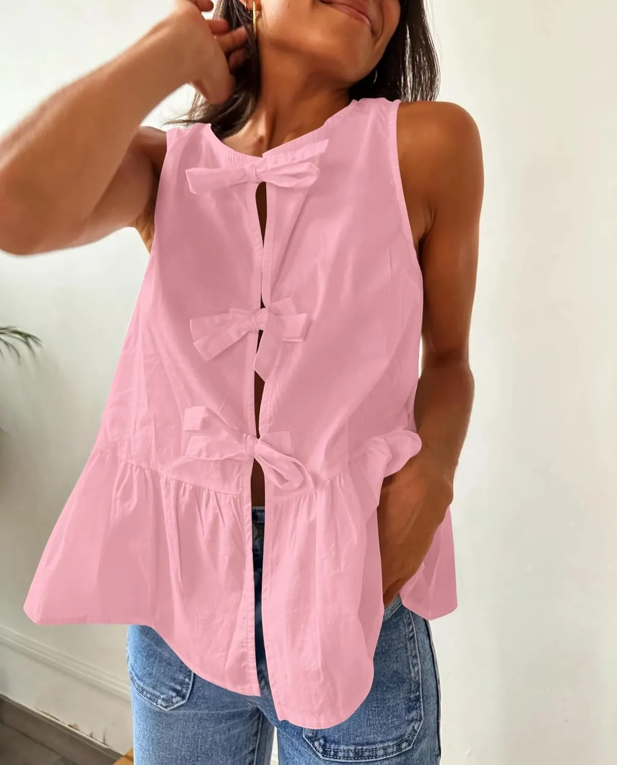 Cioatin Women Sleeveless Bow Tie Front Peplum Tank Tops Loose Fit Cut Out Cotton Babydoll Blouse Shirt Going Out Summer