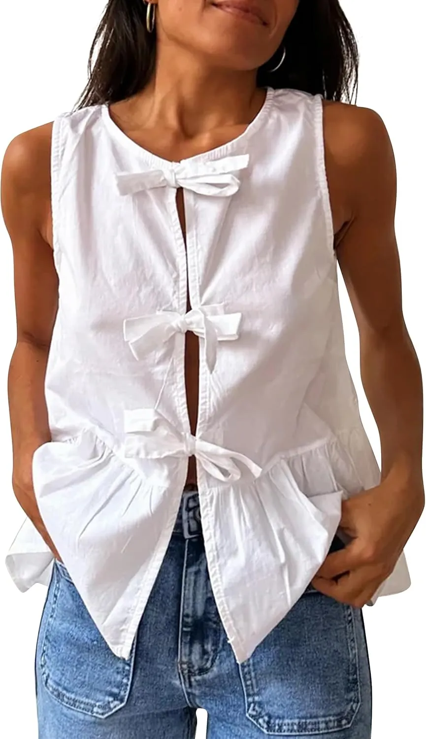 Cioatin Women Sleeveless Bow Tie Front Peplum Tank Tops Loose Fit Cut Out Cotton Babydoll Blouse Shirt Going Out Summer