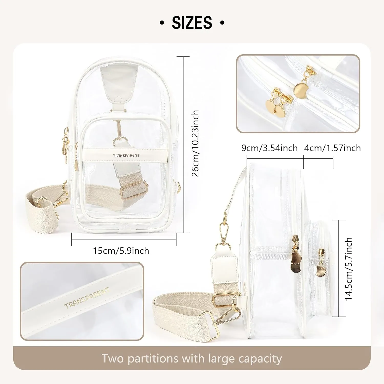 Clear Bags for Women, Crossbody Stadium Approved Bag with Adjustable Strap (White)