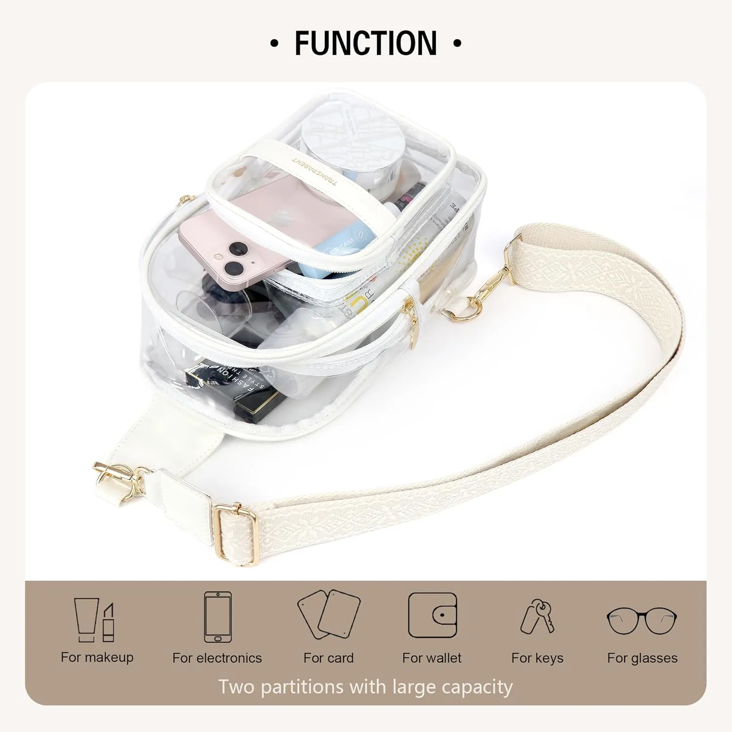 Clear Bags for Women, Crossbody Stadium Approved Bag with Adjustable Strap (White)