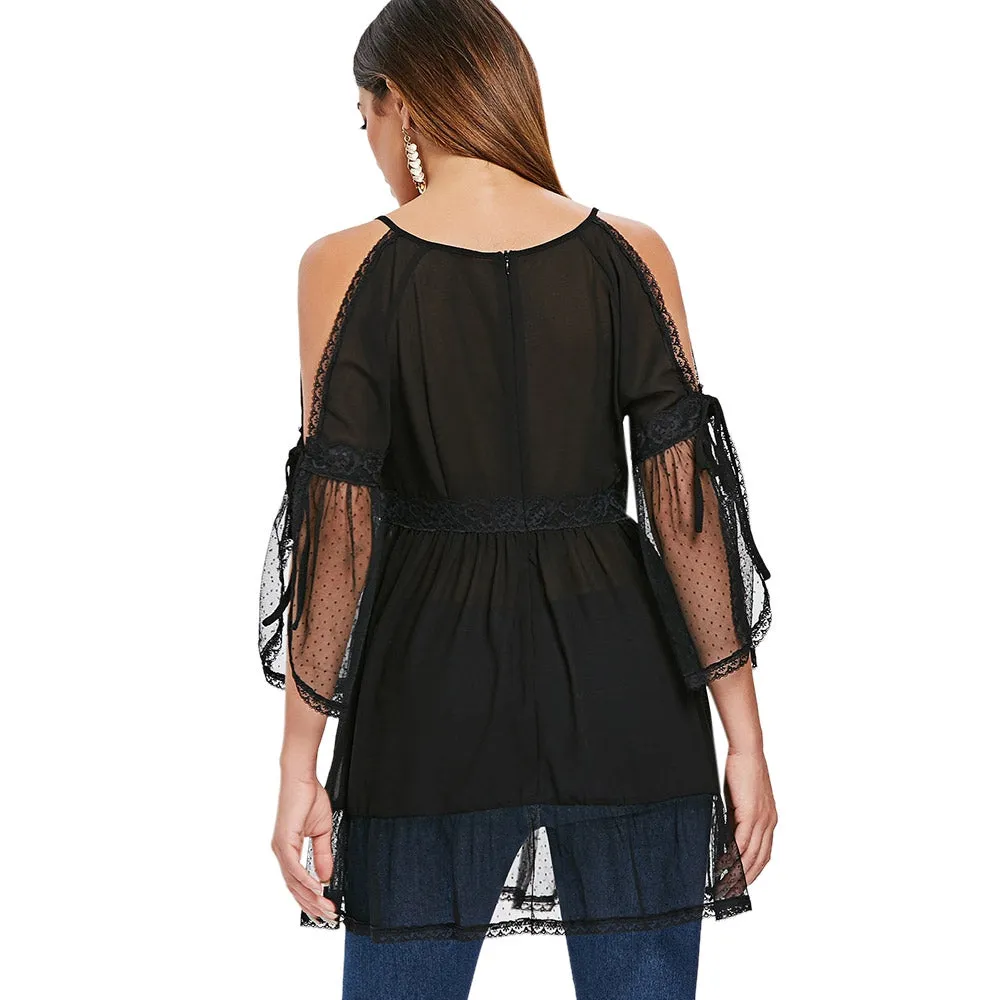 Cold Shoulder Lace Applique Flounce