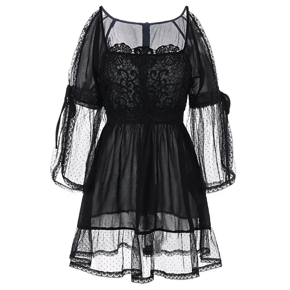 Cold Shoulder Lace Applique Flounce