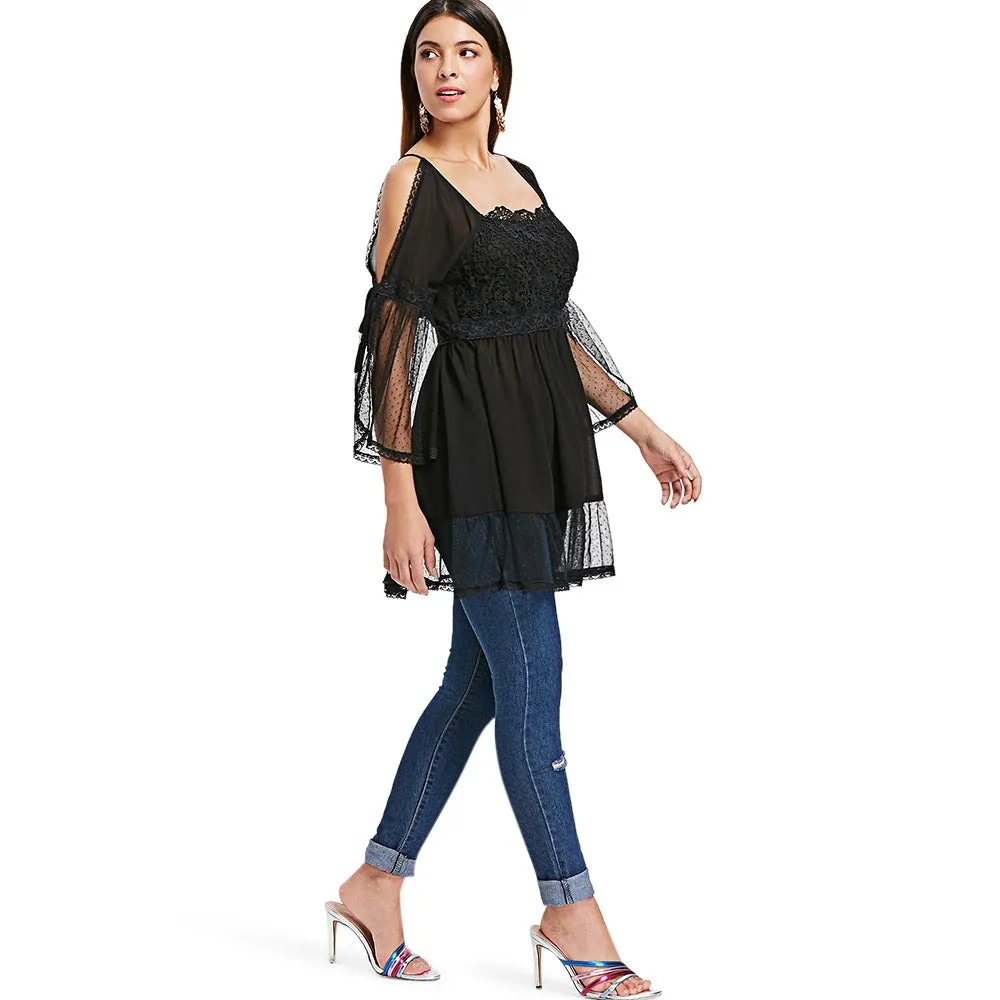 Cold Shoulder Lace Applique Flounce