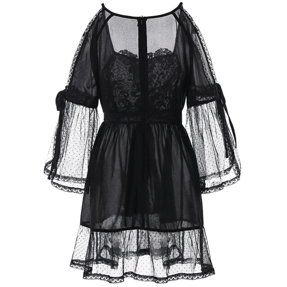 Cold Shoulder Lace Applique Flounce