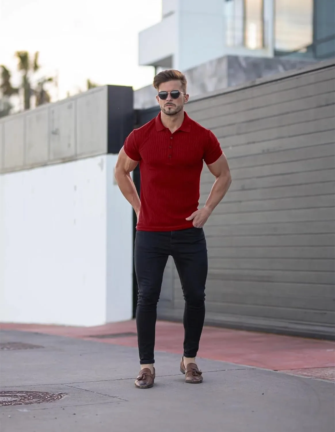 Collared Muscle Polo Shirts Men Slim Fit Textured Knit Polo Shirts Short Sleeve Button Down Shirts Casual Stylish