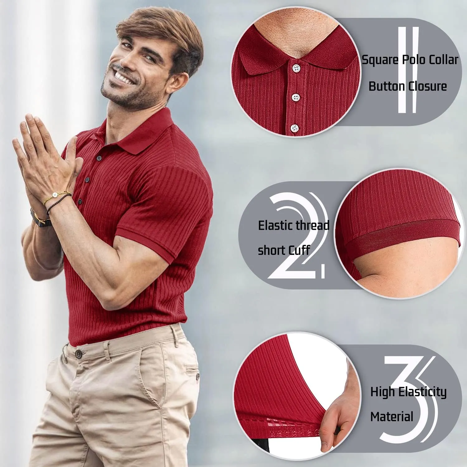 Collared Muscle Polo Shirts Men Slim Fit Textured Knit Polo Shirts Short Sleeve Button Down Shirts Casual Stylish