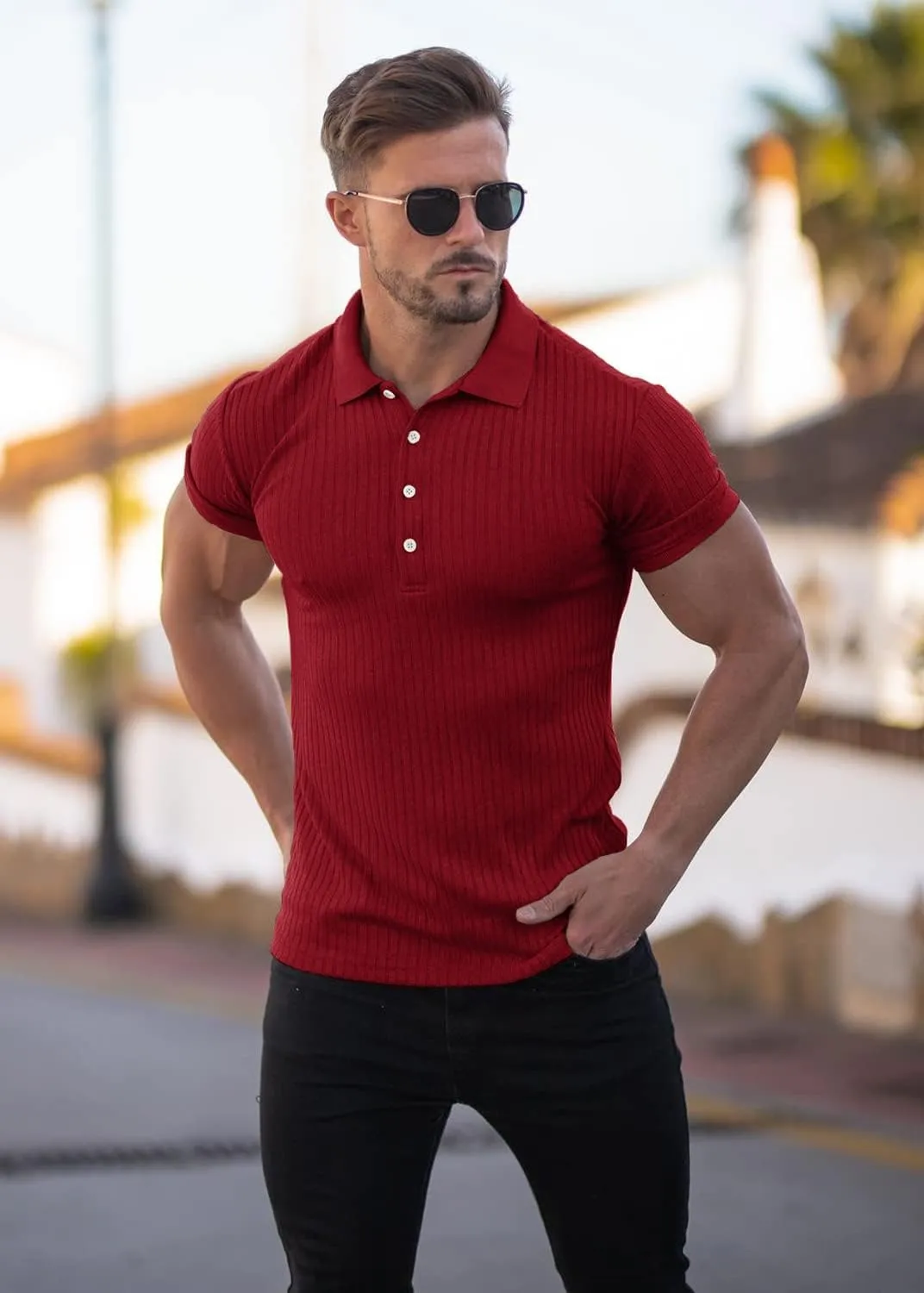 Collared Muscle Polo Shirts Men Slim Fit Textured Knit Polo Shirts Short Sleeve Button Down Shirts Casual Stylish