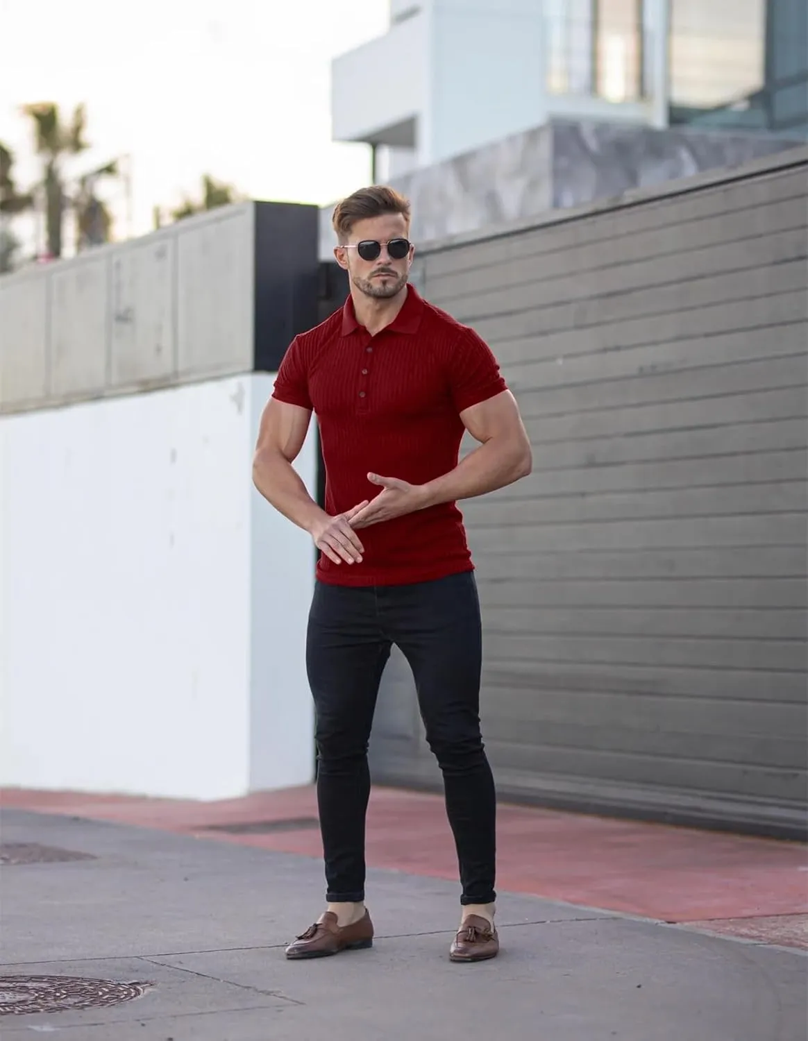 Collared Muscle Polo Shirts Men Slim Fit Textured Knit Polo Shirts Short Sleeve Button Down Shirts Casual Stylish